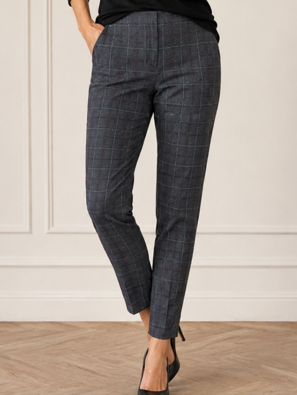 Lyssé Gray Windowpane Plaid Pull On Slim Pants High Rise Stretch Ponte Sz Lg